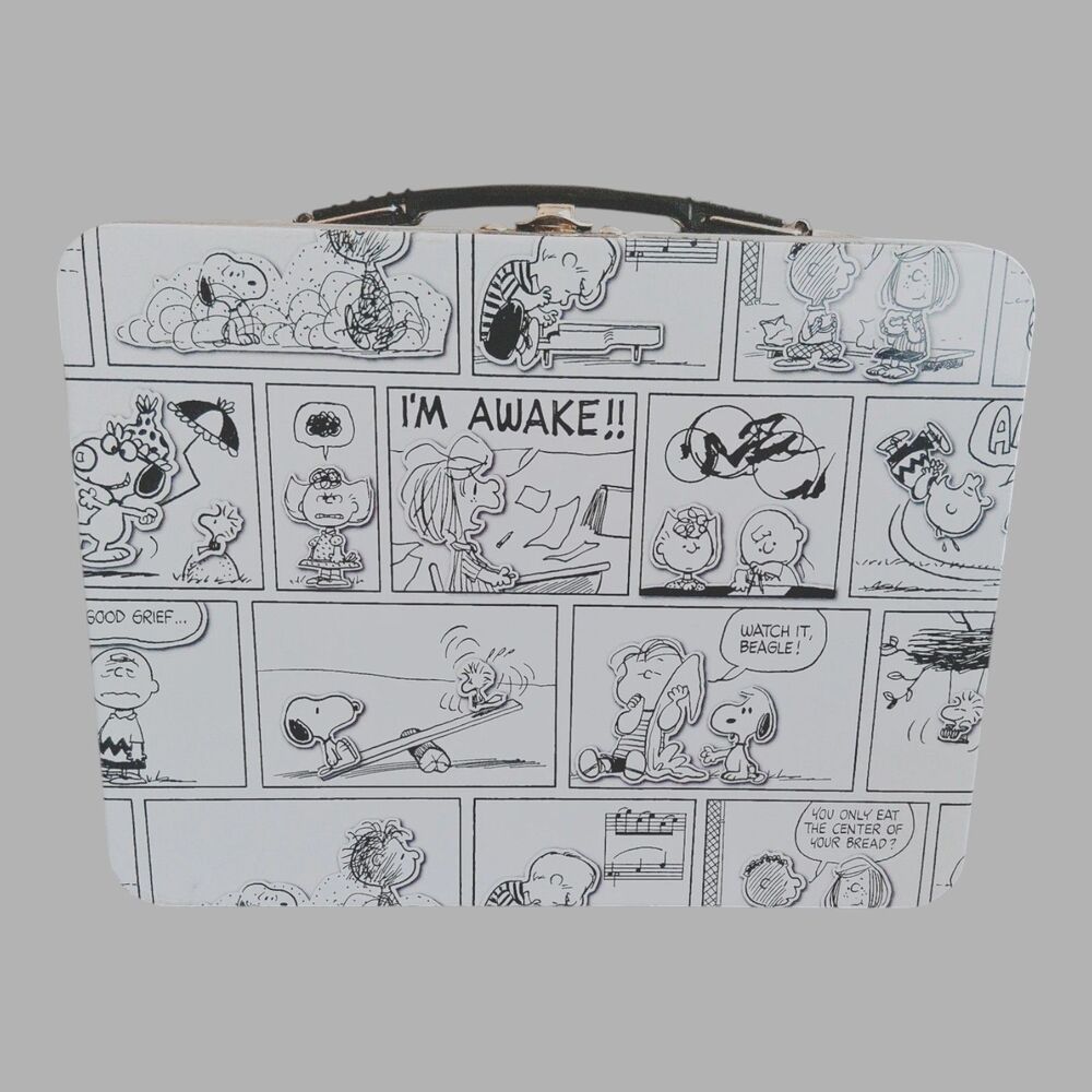 Peanuts Gang Black & White Large 2-sided Metal Lunch Box Tin Tote